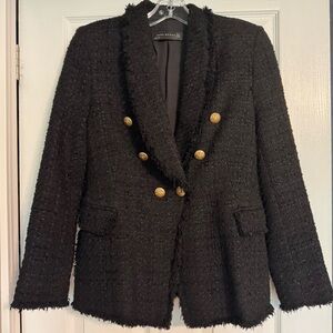 Zara Boucle Black Blazer with Gold Accents Small